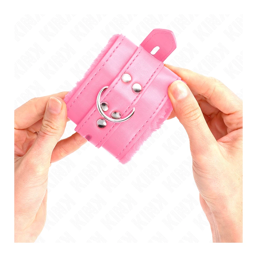 KINK - APPUI-POIGNETS DOUBLÉS DE FOURRURE AVEC TROUS CARRÉS ROSE ET CEINTURE ROSE RÉGLABLE 17-29 CM X 6 CM